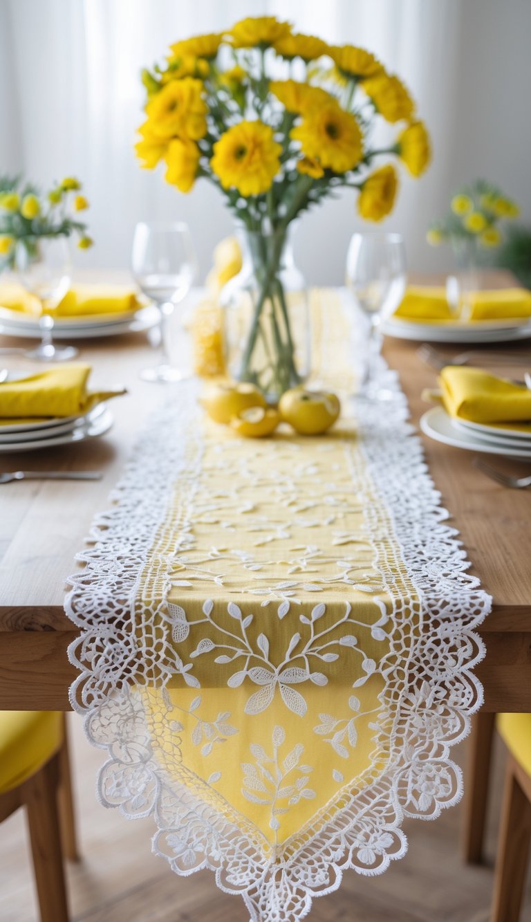 A dining table with a yellow and white lace table runner, decorated with yellow flowers, white plates, and glassware.