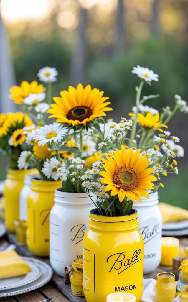 Yellow and white mason jars serve as vases for sunflowers and daisies on an outdoor table set with plates, napkins, and candles.