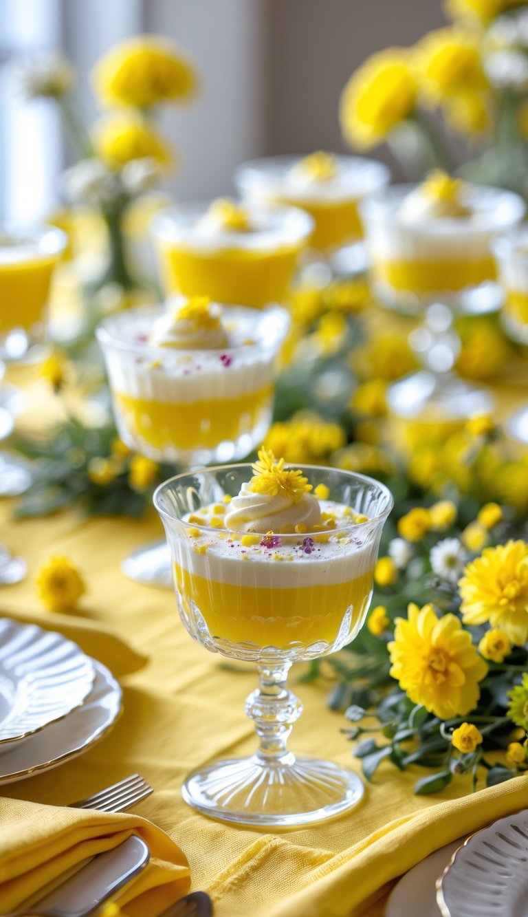 A table set with yellow and white vintage dessert glasses filled with layered desserts on a yellow tablecloth, decorated with small flowers and greenery.