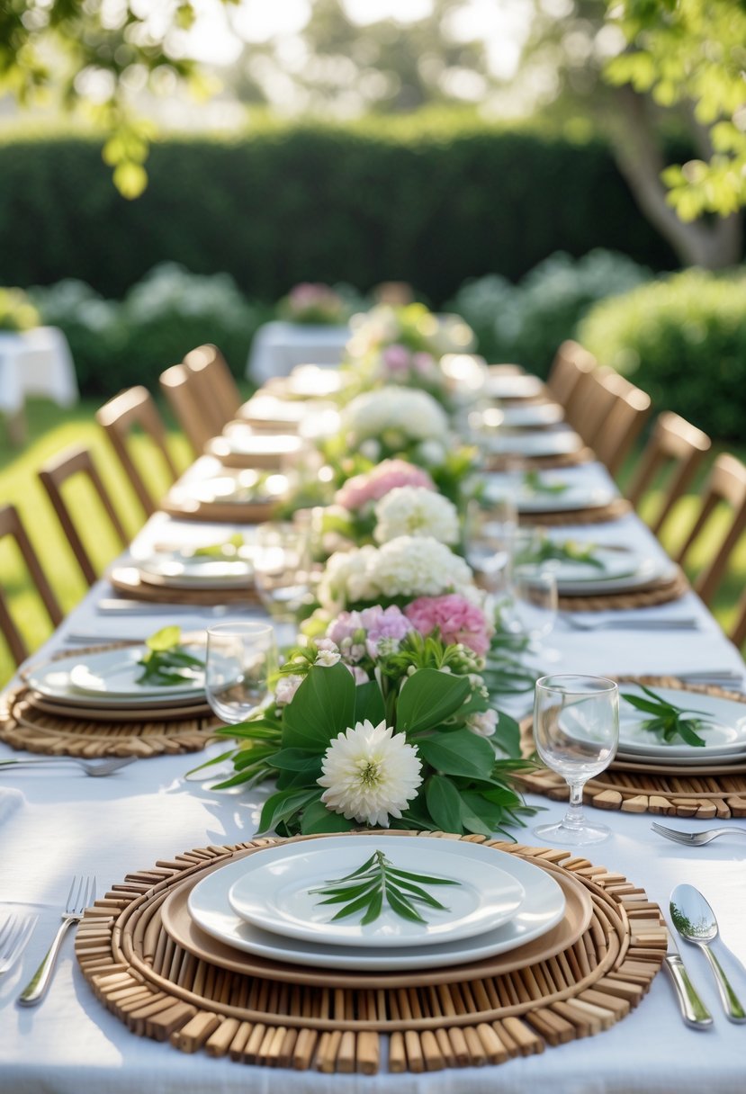 Outdoor summer dinner table set with bamboo placemats, white plates, flowers, and glassware in a garden setting.