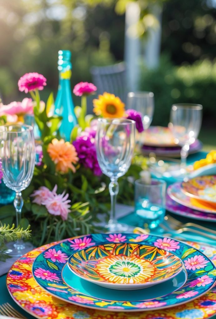 A brightly colored outdoor table setting with floral-patterned plates, glassware, and a centerpiece of assorted vibrant flowers.