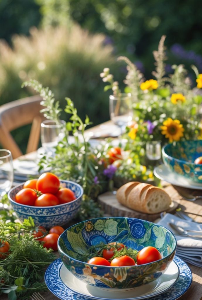 A wooden table set outdoors with bowls of fresh tomatoes, a loaf of bread, floral-patterned plates, and vases of flowers, surrounded by greenery.