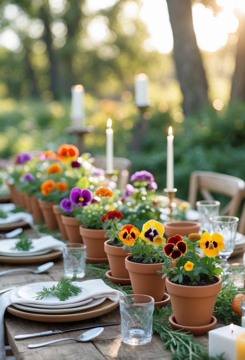 A wooden outdoor table set for a summer dinner party with small terracotta pots filled with colorful edible flowers arranged along the center.