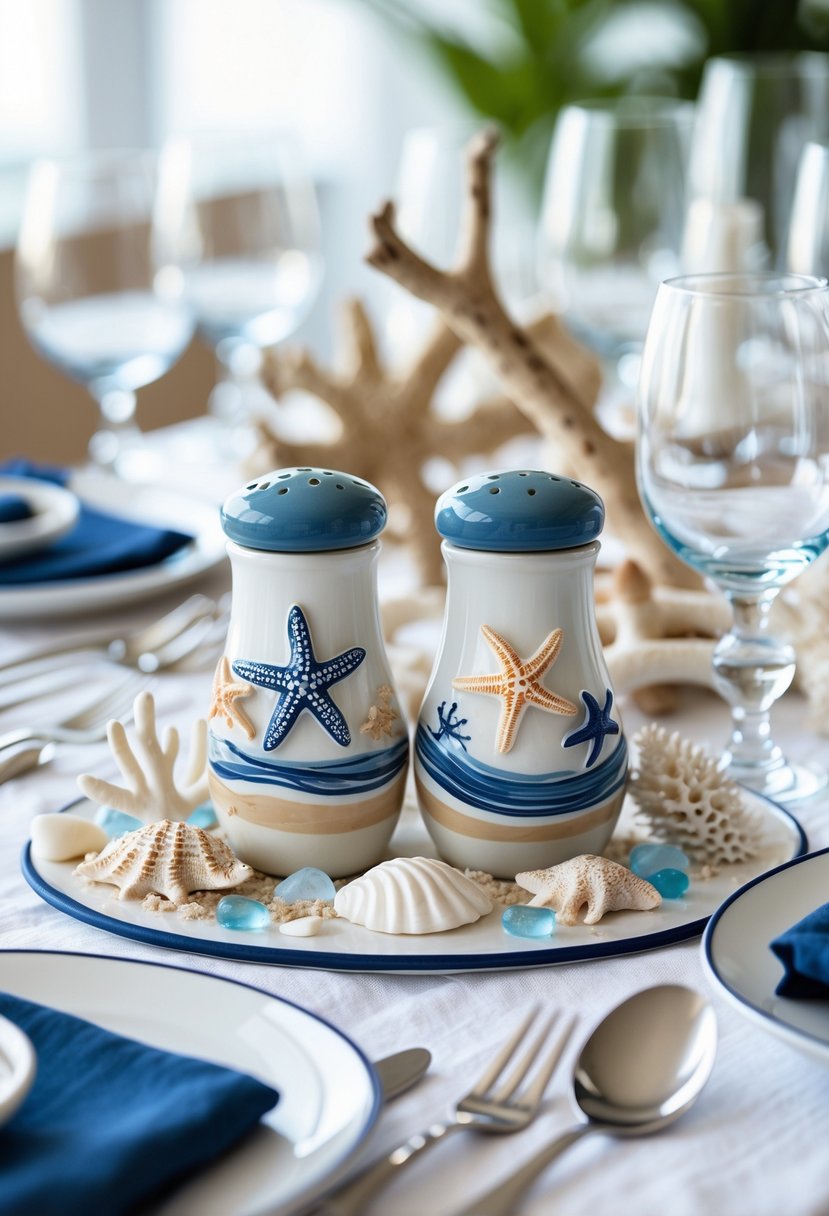 A summer dinner table set with ocean-themed salt and pepper shakers surrounded by coastal decorations and elegant place settings.
