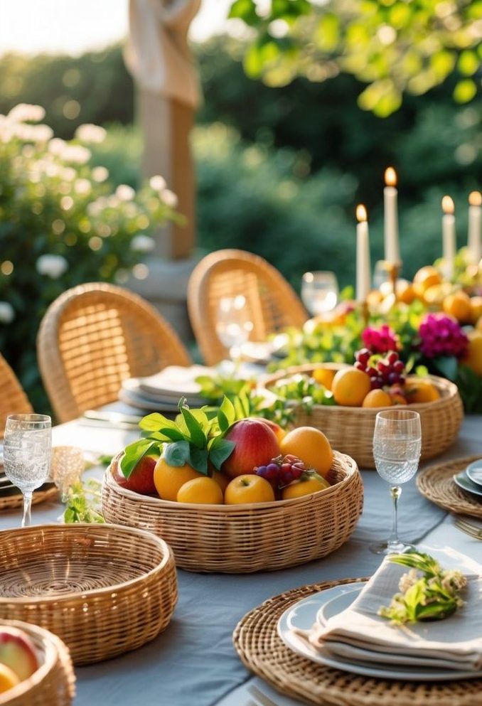 A long outdoor dining table is set with plates, glasses, napkins, and baskets of fresh fruit and flowers. Wicker chairs and lit candles complete the summery, elegant setting.