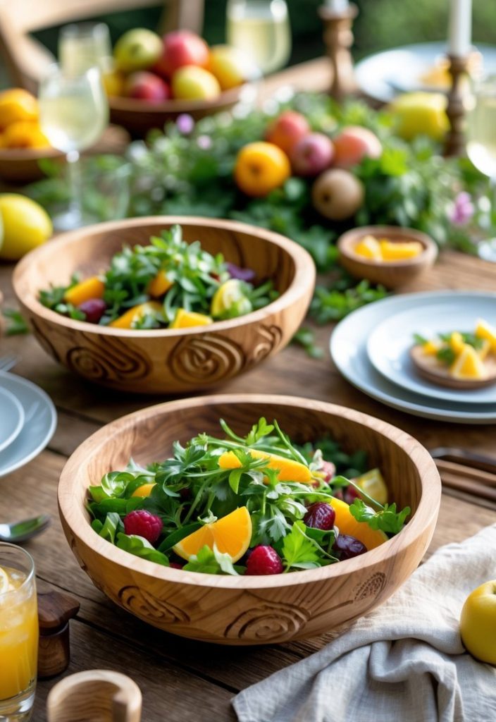 A wooden table set outdoors with salads in wooden bowls, plates, glasses of lemonade, assorted fruit, and candles, creating a fresh and inviting dining scene.