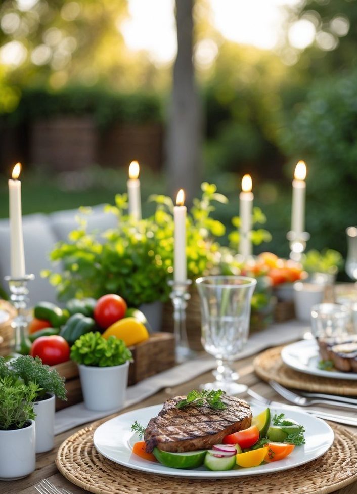 A wooden outdoor table set with plates of grilled steak and vegetables, surrounded by potted herbs, candles, and fresh produce, ready for a meal in a garden setting.