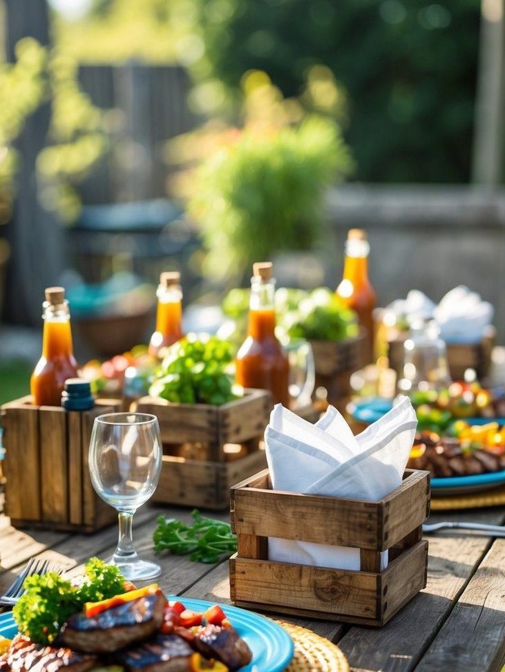 A wooden table set outdoors with plates of grilled food, bottles of sauce, glassware, and wooden boxes holding napkins, surrounded by greenery.