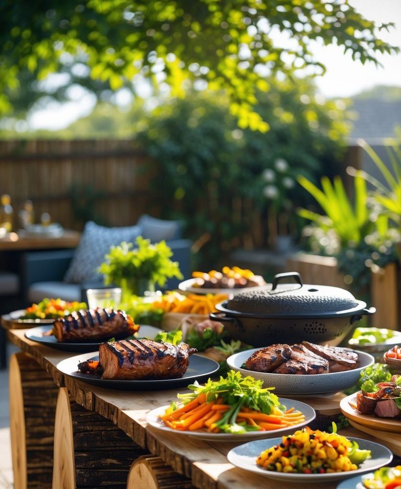 A wooden outdoor table is set with plates of grilled meat, fresh salads, and vegetables, with greenery and sunlight in the background.