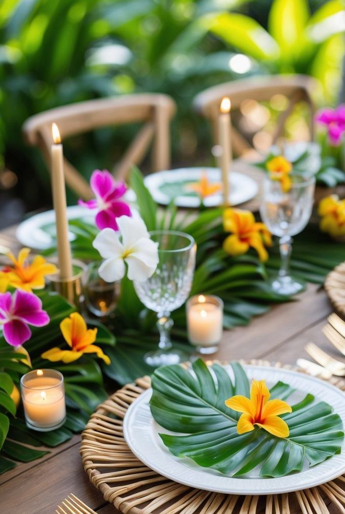 A tropical-themed table setting with gold cutlery, woven placemats, white plates, palm leaves, colorful flowers, lit candles, and glassware on a wooden table.