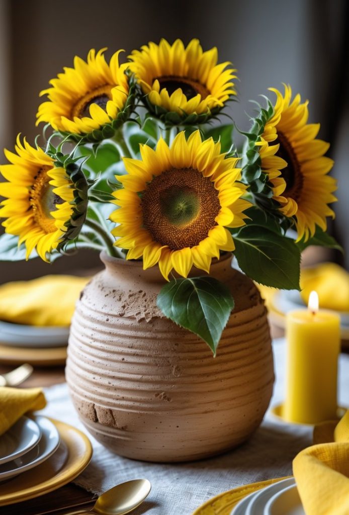 A ceramic vase filled with bright sunflowers sits on a set dining table with yellow napkins, plates, and a lit yellow candle.