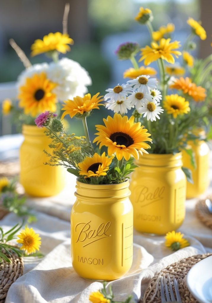 Yellow mason jars filled with daisies and sunflowers are arranged as centerpieces on an outdoor table set for a meal.