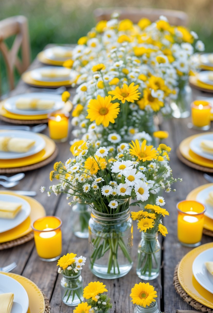 A rustic wooden table decorated with mixed yellow and white wildflowers in glass vases and yellow table settings.