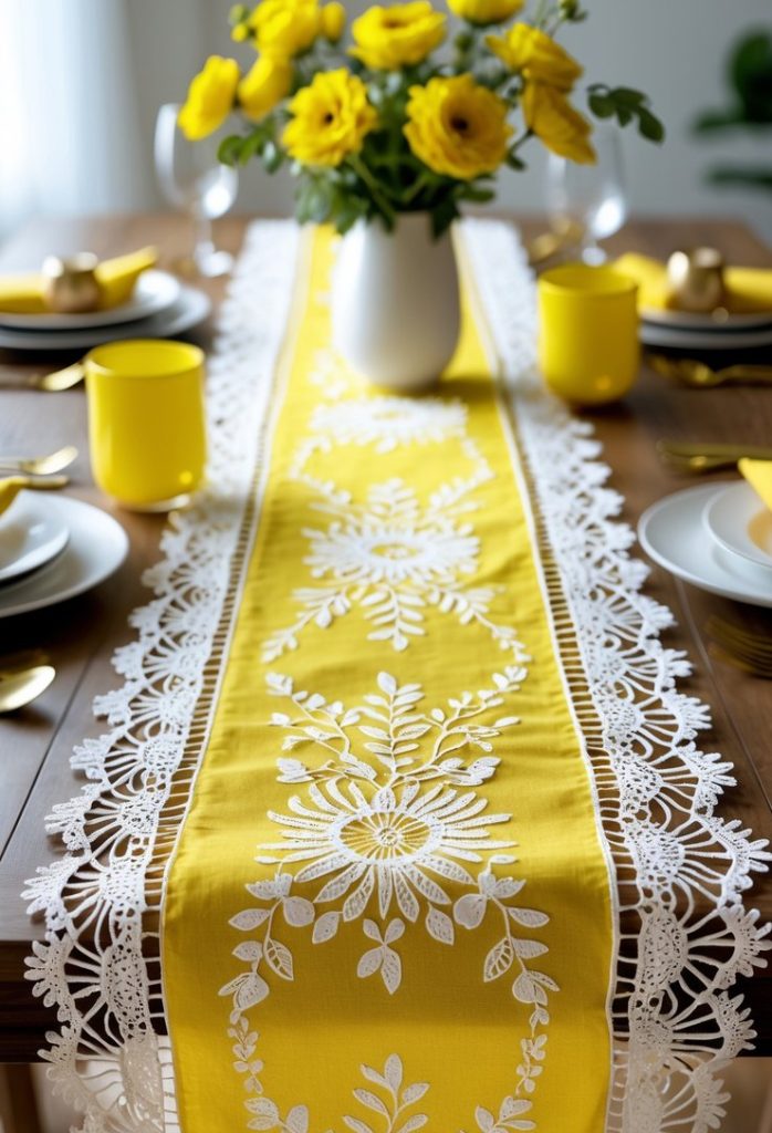 A wooden dining table set with yellow and white decor, featuring a yellow lace table runner, yellow napkins, and a vase of yellow flowers.