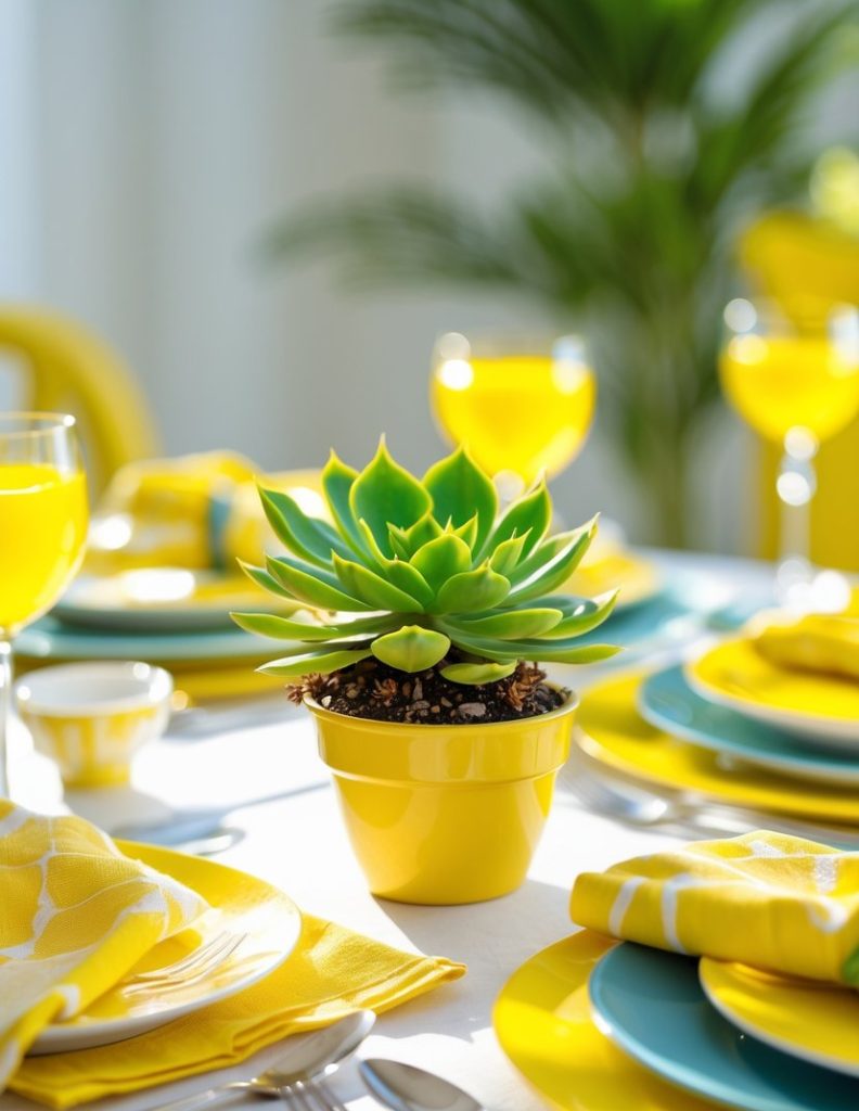 A green succulent in a yellow pot sits on a table set with yellow and blue dishes, napkins, and glasses, in a brightly lit room.