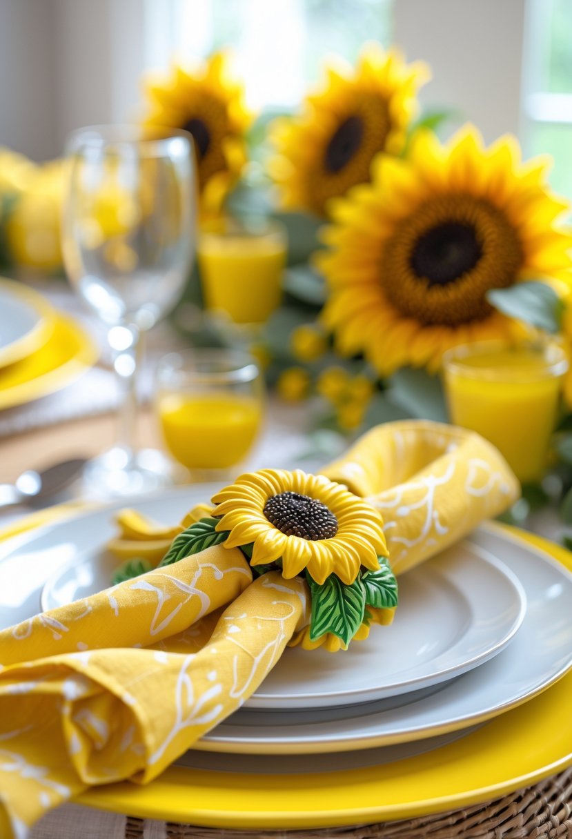 A dining table set with yellow napkin rings featuring sunflower designs, yellow-themed tableware, and neatly folded napkins.