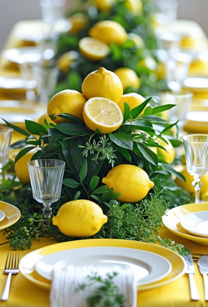 A dining table set with white and yellow plates, clear glasses, and silverware, featuring a centerpiece of fresh lemons and green leaves.