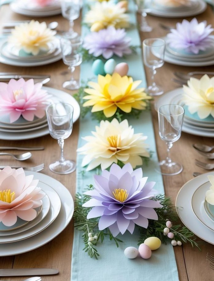 A wooden dining table set for eight, decorated with pastel paper flowers, glassware, plates, and small pastel eggs on a light blue table runner.