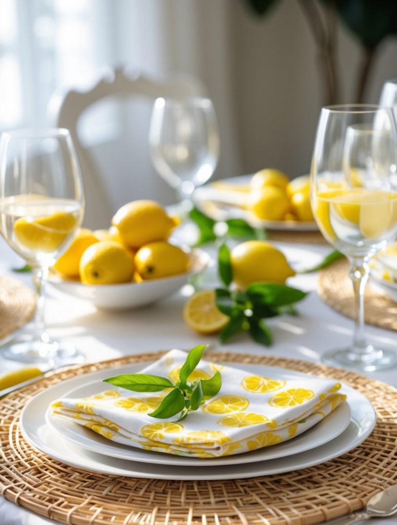 A table set with plates, lemon-patterned napkins, wine glasses, and bowls of fresh lemons on wicker placemats, with sunlight streaming in.