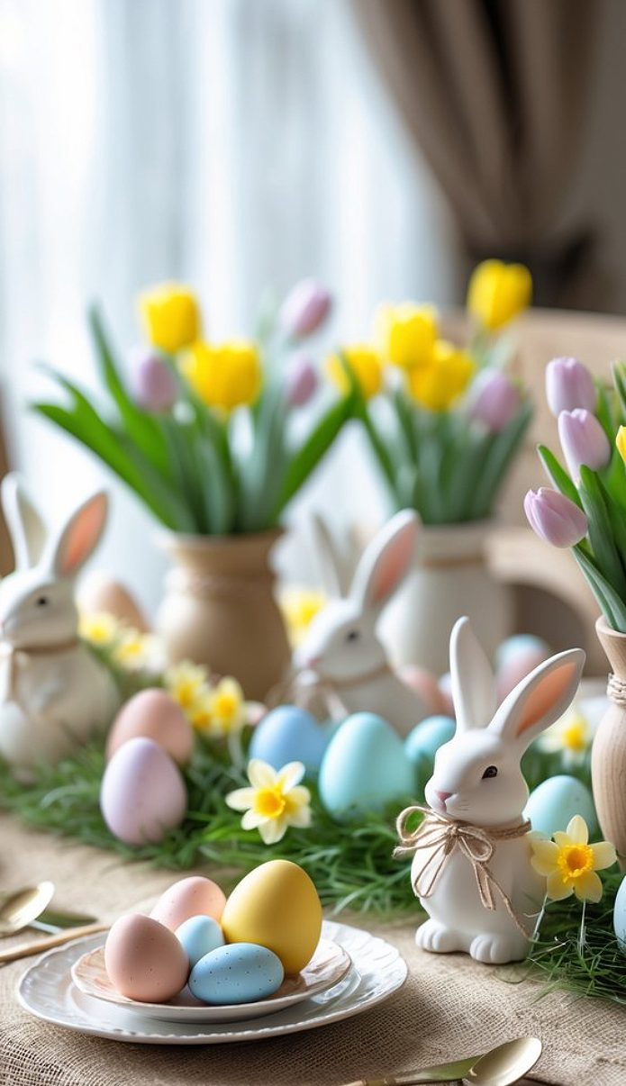A decorated table with pastel-colored eggs, ceramic bunny figurines, and vases of yellow and purple tulips, arranged for a spring or Easter celebration.