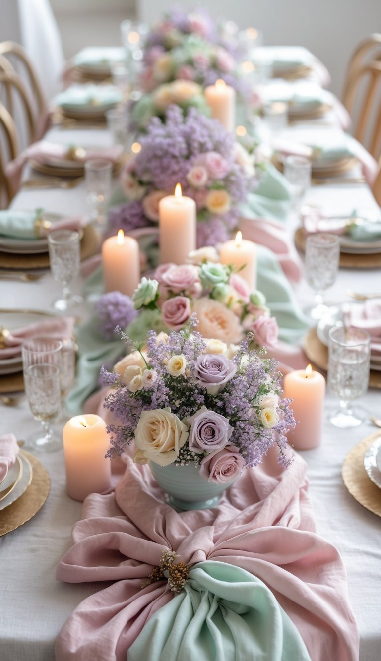 A long dining table is set with pastel-colored flowers, lit candles, crystal glasses, and napkins tied with decorative rings, creating an elegant and coordinated centerpiece display.