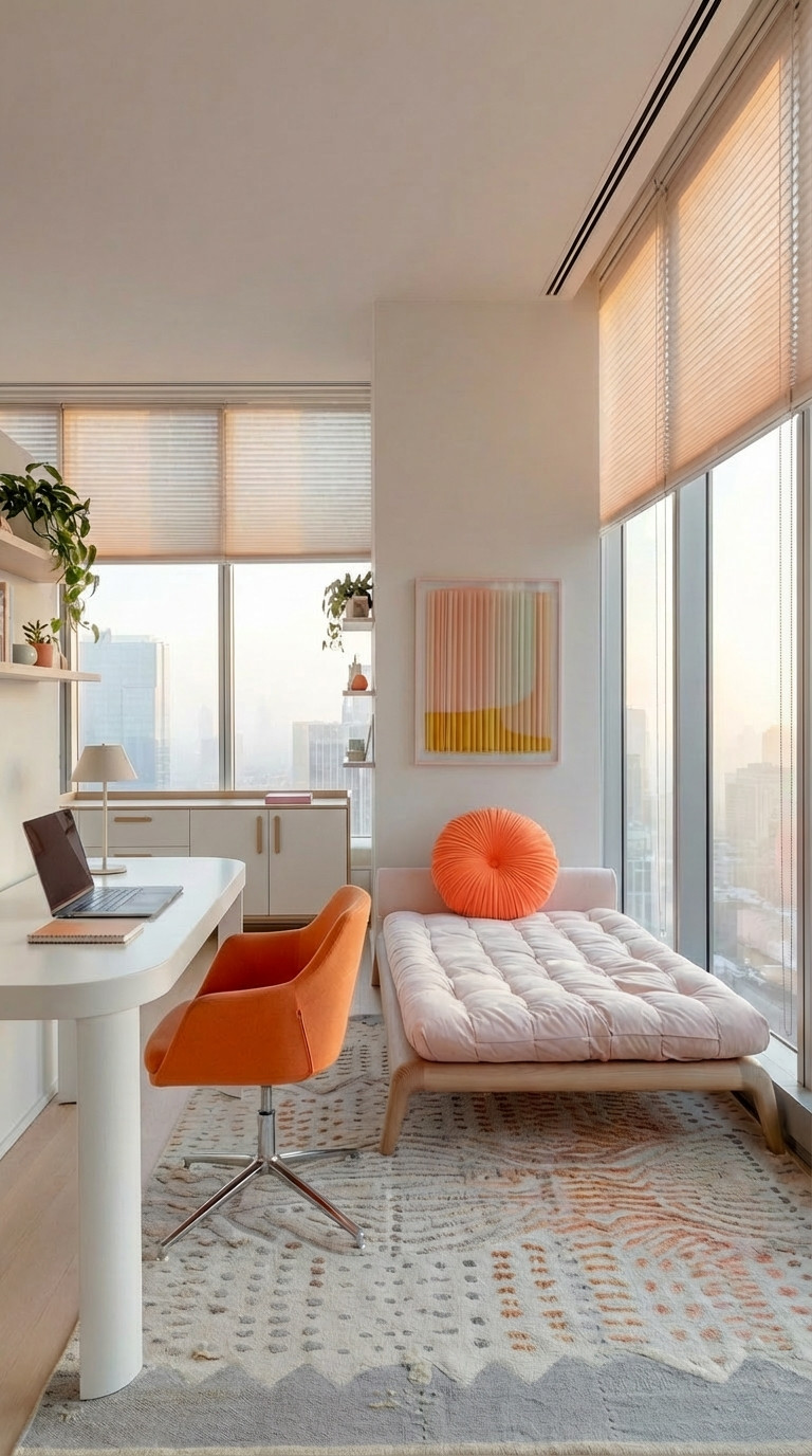 A modern home office with a white desk, orange chair, laptop, pink daybed, plants, abstract art, and large windows overlooking a cityscape.
