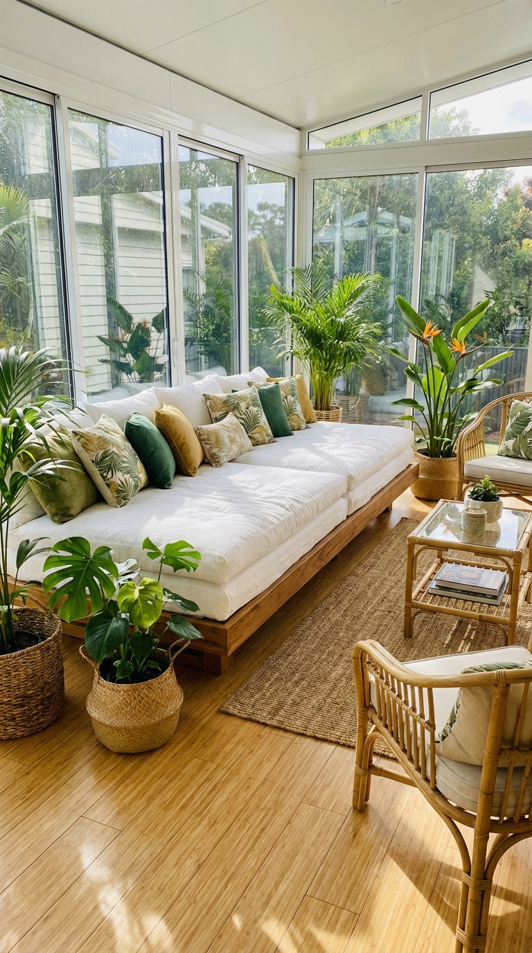 A sunroom with large windows, a white cushioned sectional sofa with green and beige throw pillows, wicker chairs, a glass-top table, and potted plants on a bamboo floor.