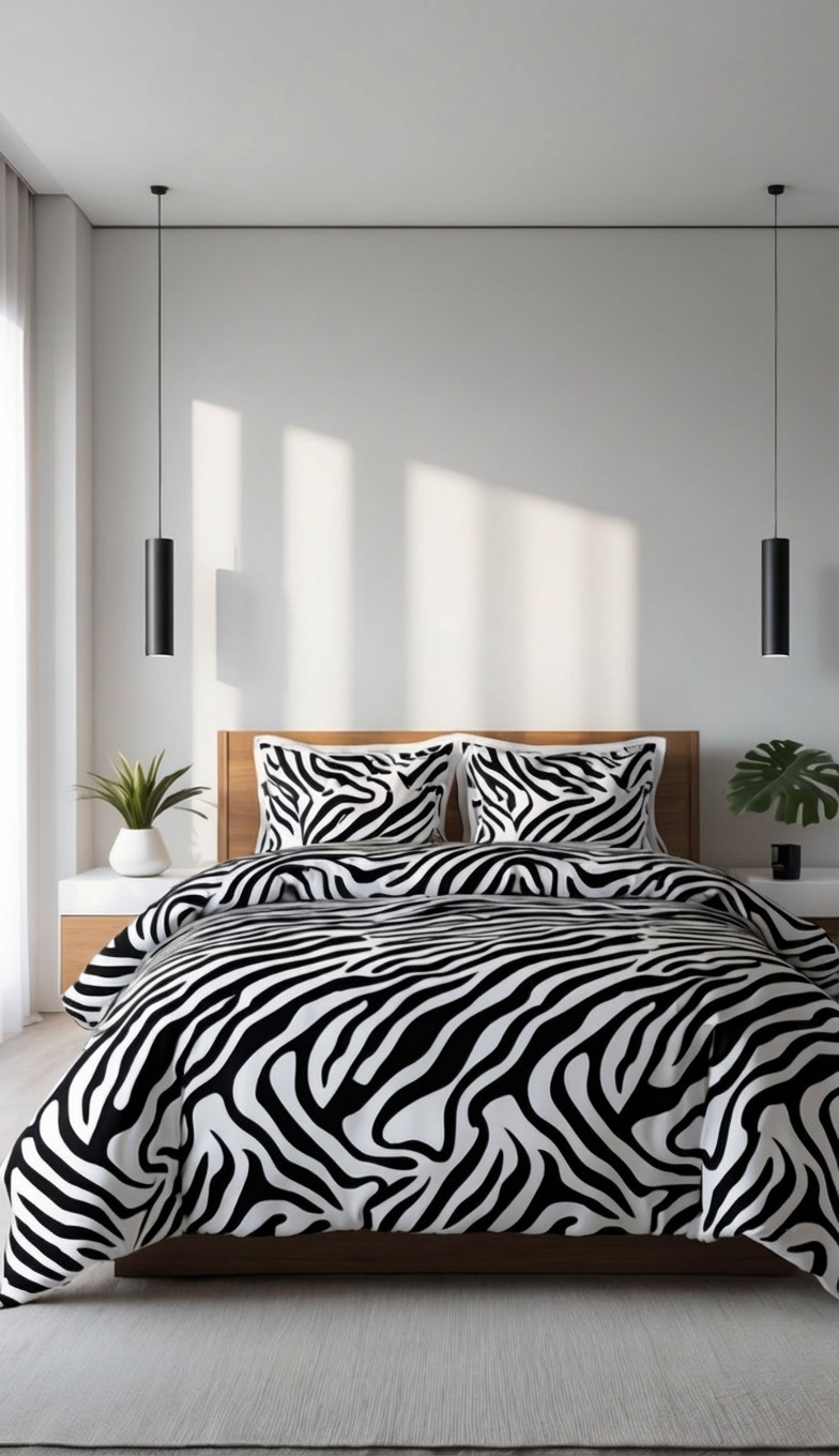 A modern bedroom features a bed with black and white zebra print bedding, two pendant lights, a plant, and a small clock on a wooden nightstand.