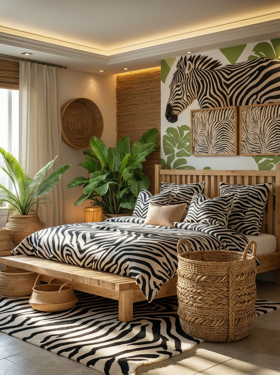 A bedroom with zebra print bedding and rug, green potted plants, wicker baskets, and zebra artwork on the wall, creating a safari-inspired decor.