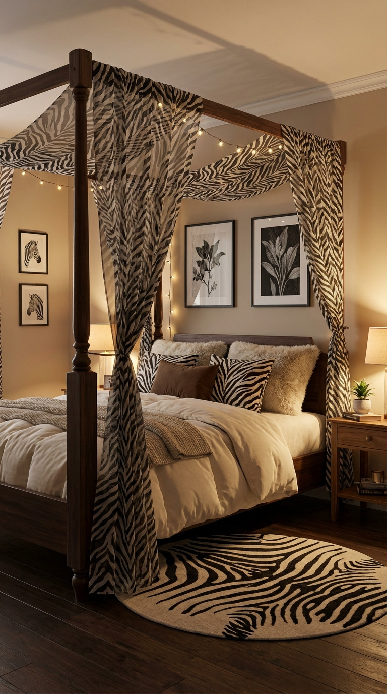 A bedroom with a four-poster bed draped in zebra-patterned fabric, zebra print decor, neutral bedding, framed art on the wall, and soft lamp lighting.
