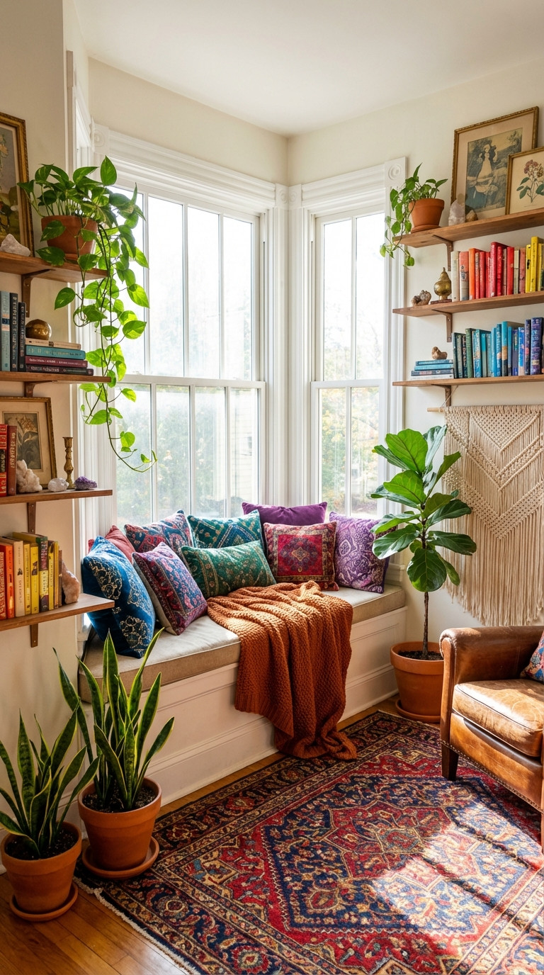 Bright corner with large windows, a window seat with colorful pillows and a brown throw, potted plants, bookshelves, and a patterned rug.