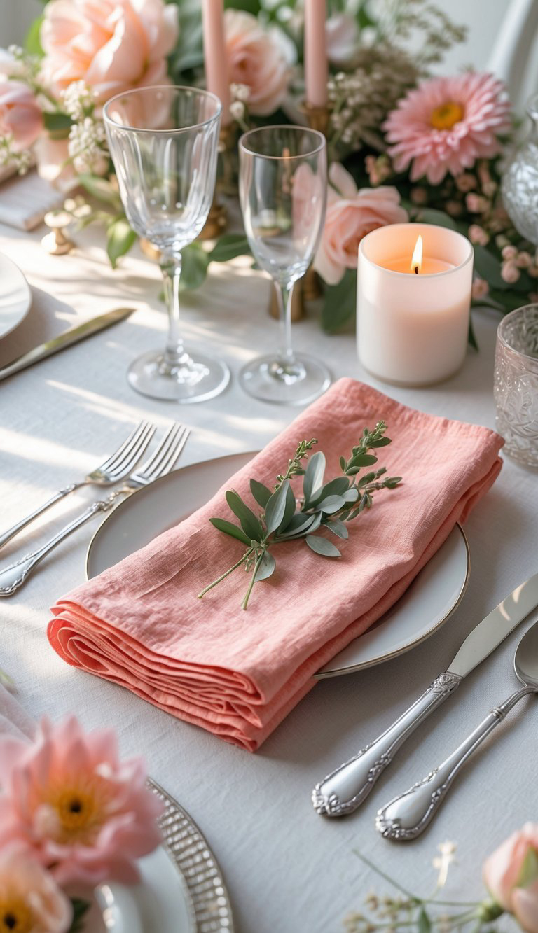 Elegant table setting with pink napkin, greenery sprig, wine glasses, silver cutlery, a lit white candle, and pink flowers centerpiece on a white tablecloth.