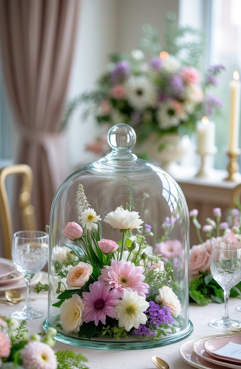 A glass cloche covers a floral arrangement with pink, white, and purple flowers on a set dining table; blurred flowers, candles, and curtains in the background.