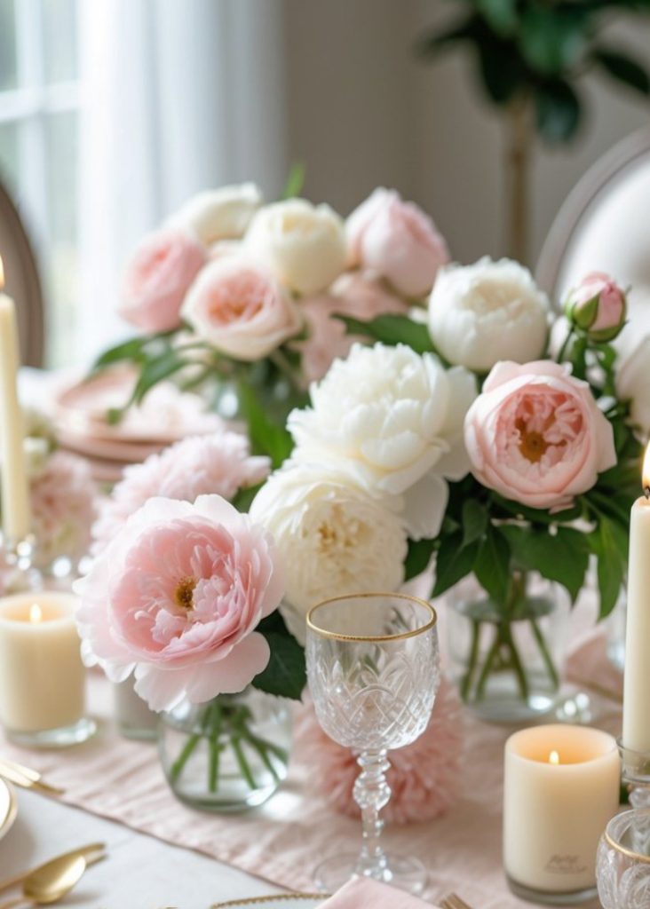 A dining table set with white and pink peonies in glass vases, lit ivory candles, gold-rimmed glassware, and soft natural light from a window.