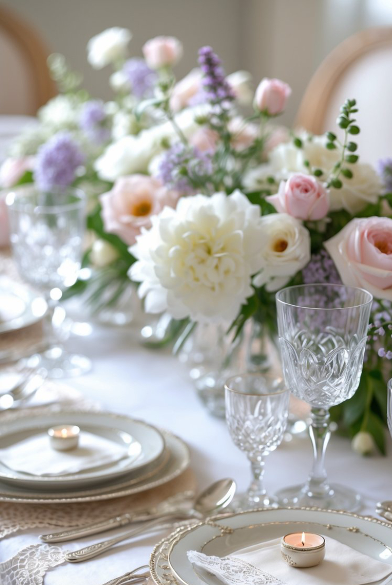 Elegant table setting with ornate plates, crystal glassware, votive candles, and a centerpiece of pastel flowers and greenery.