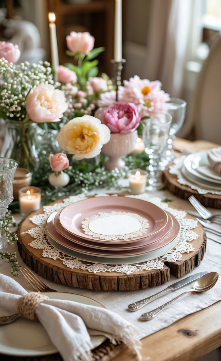 A wooden table set with pink plates, lace doilies, silverware, candles, and floral arrangements featuring pink and white flowers.