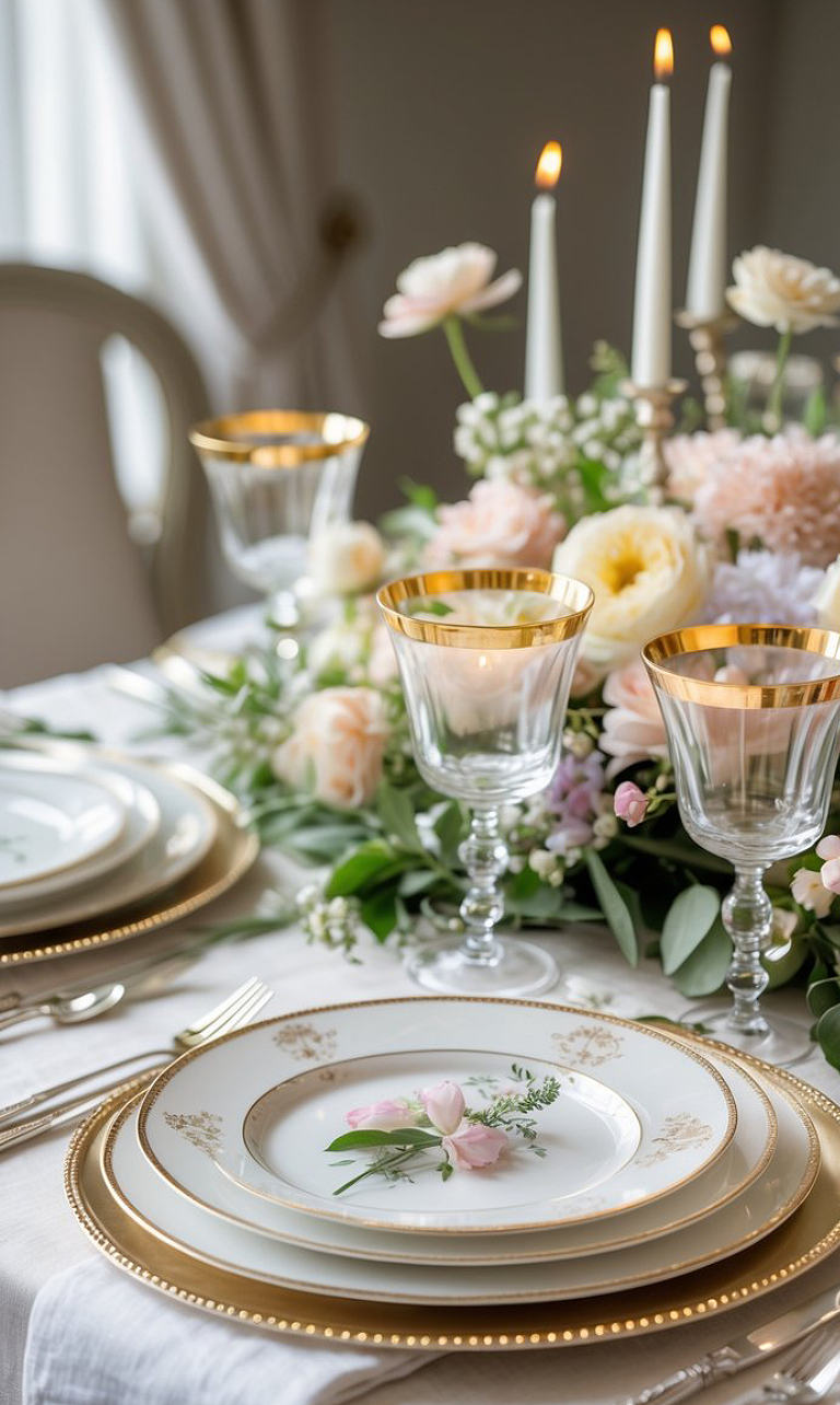 Elegant table setting with gold-rimmed plates and glasses, floral centerpiece, and lit candles on a white tablecloth.