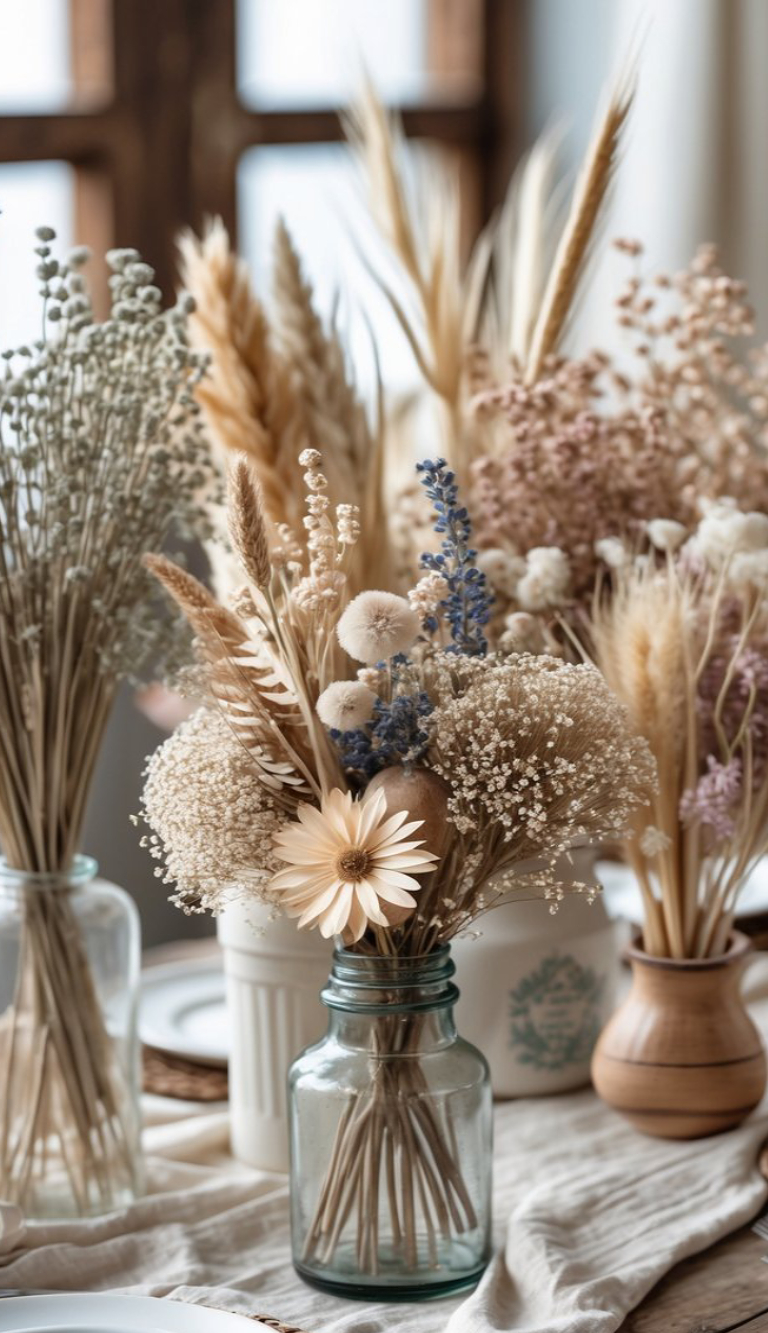 Assorted dried flowers and grasses arranged in glass and ceramic vases on a table near a window.