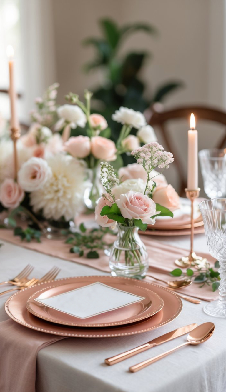 Elegant table setting with gold cutlery, pink plates, floral centerpieces, candles, and crystal glasses on a white and blush tablecloth.