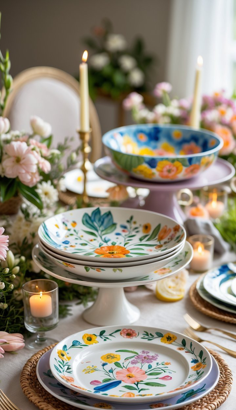 A table set with floral-patterned plates on stands, surrounded by flowers, lit candles, and two tall candlesticks, creating a colorful and elegant dining arrangement.