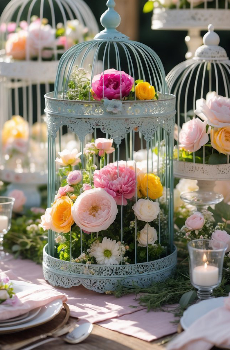 A decorative blue birdcage filled with assorted pink, yellow, and white flowers sits on a table set with candles, greenery, and pastel linens.