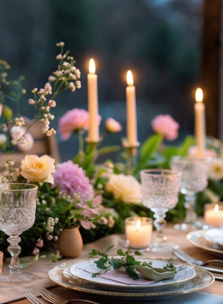 Elegant table setting with crystal glasses, floral arrangements of roses and greenery, and lit candles creating a warm, inviting atmosphere.