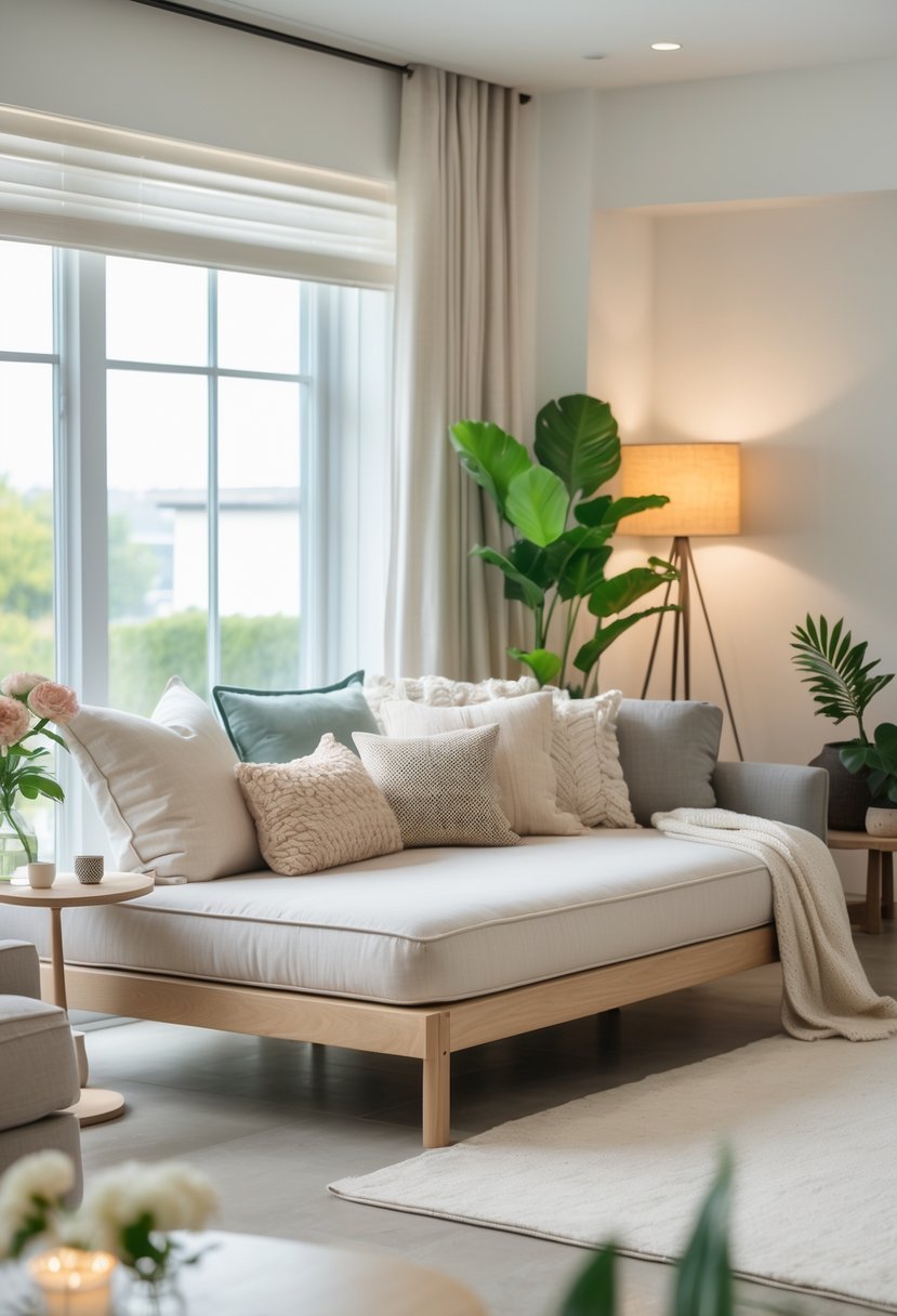 A well-lit living room with a daybed decorated with cushions and a throw blanket near a window, surrounded by plants and a side table with flowers.