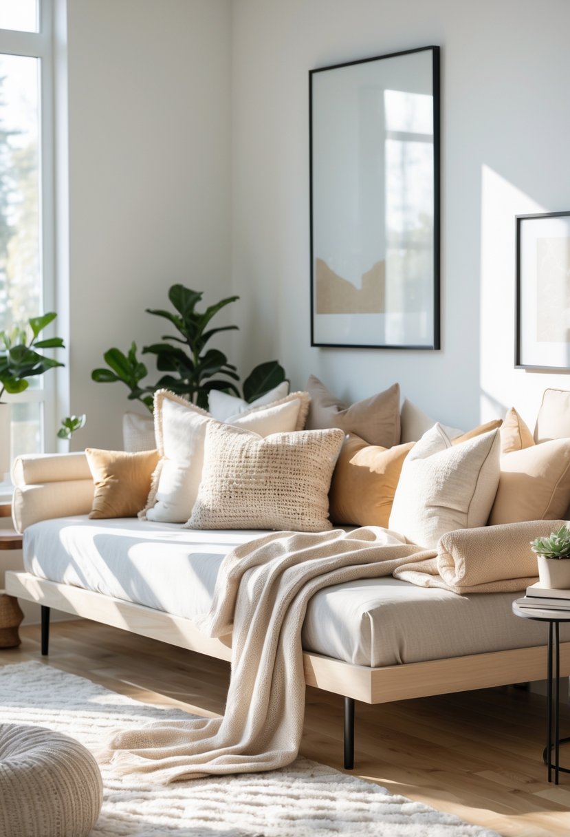 A daybed with pillows and a throw blanket in a well-lit living room next to a side table with a plant and books.
