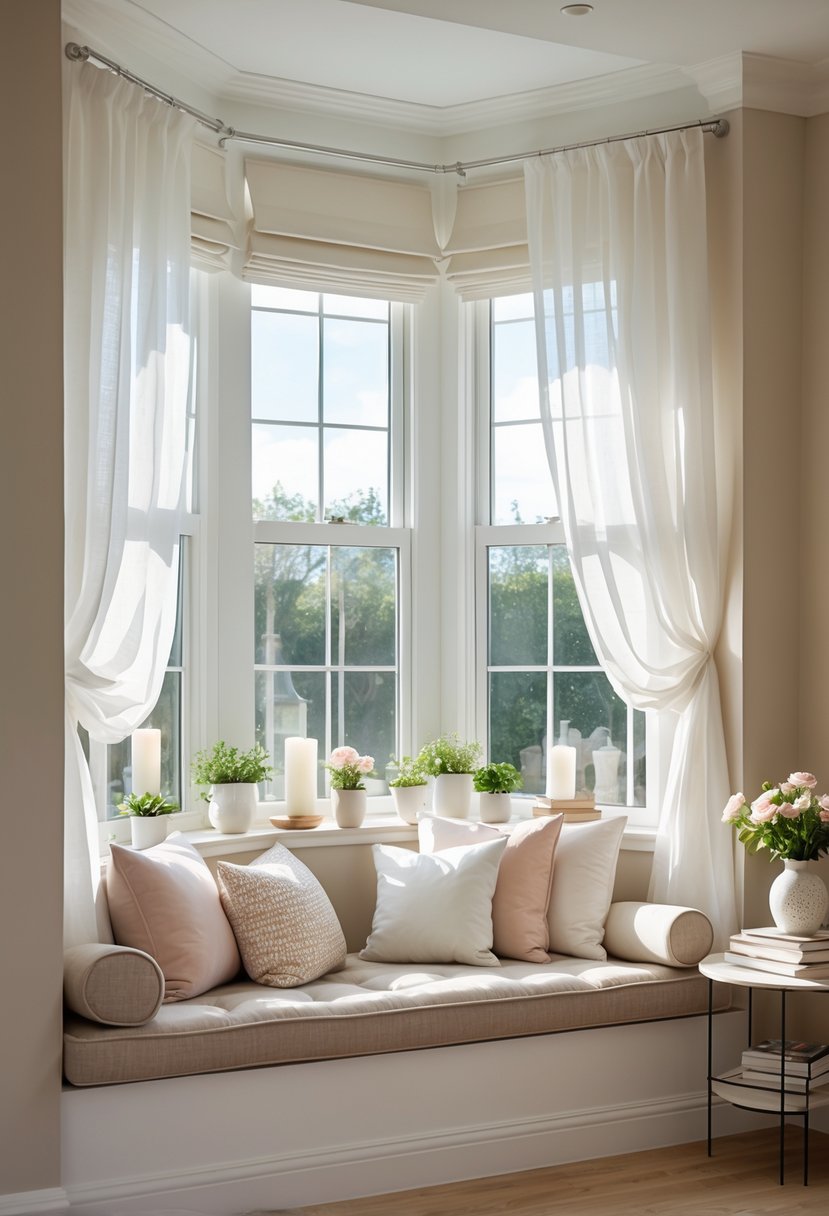 A bay window with a cushioned seat, throw pillows, potted plants, and decorative items in a bright living room.