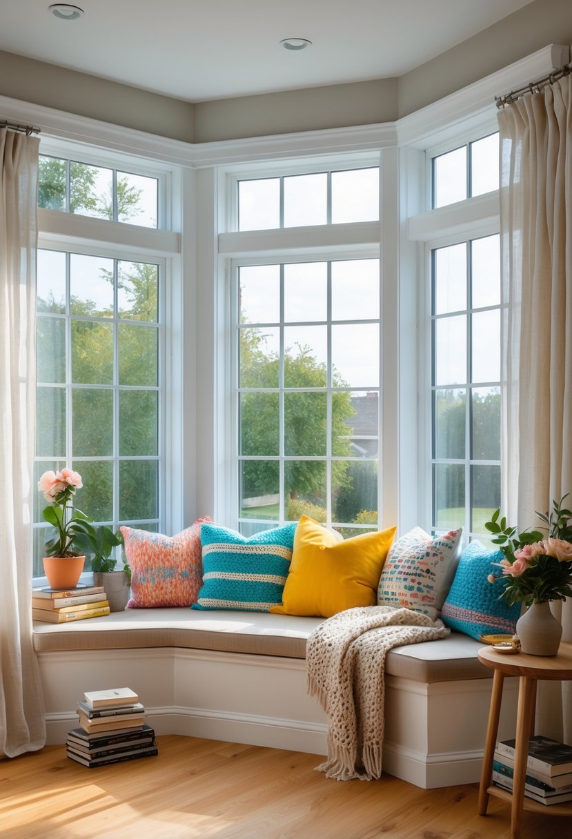 A bright bay window with a cushioned seat, colorful pillows, plants, and a small side table with books and flowers in a cozy living room.