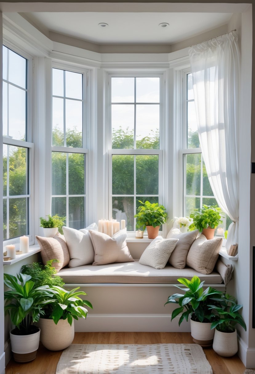 A bay window area with a cozy window seat, cushions, plants, and decorative items, illuminated by natural sunlight.