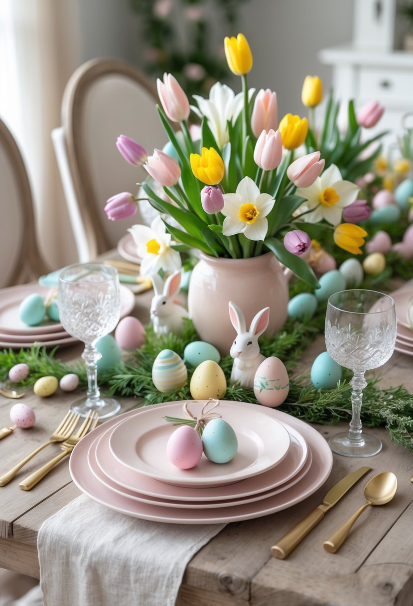 A dining table decorated for Easter with pastel plates, spring flowers, decorative eggs, and bunny figurines.