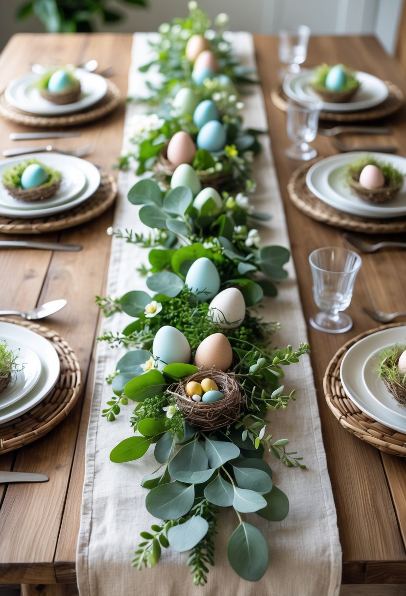 A rustic wooden table runner decorated with green leaves, pastel eggs, and small white flowers on a wooden dining table.
