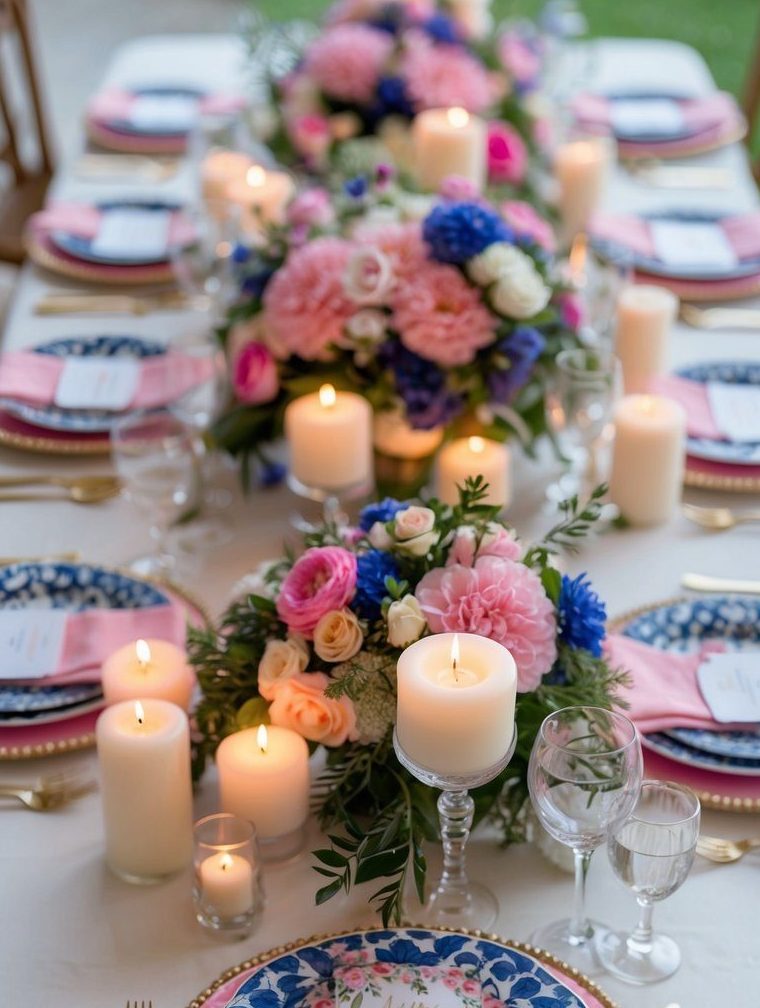 Elegant table setting with blue and white floral plates, pink napkins, gold flatware, lit candles, and colorful flower arrangements arranged along the center of the table.